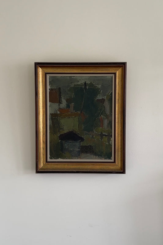 Houses Beneath the Tree, Mid-century Swedish Oil Painting by Bengt Crantz