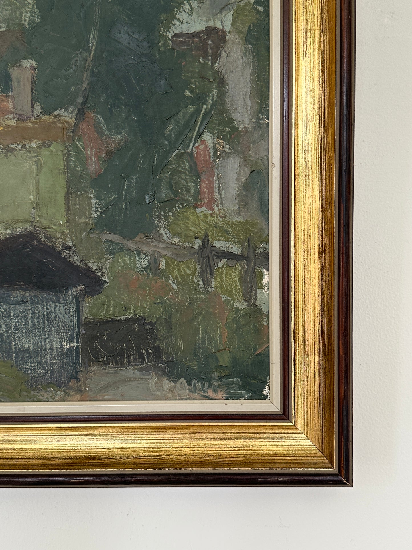 Houses Beneath the Tree, Mid-century Swedish Oil Painting by Bengt Crantz