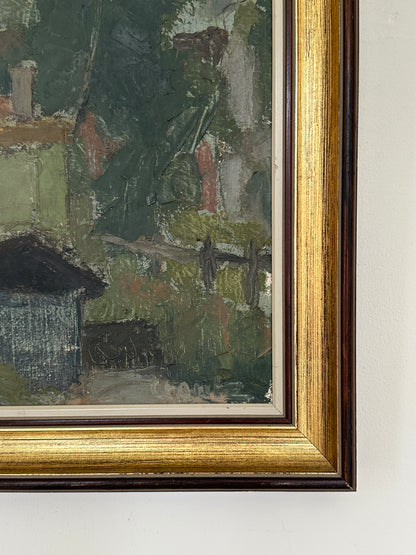 Houses Beneath the Tree, Mid-century Swedish Oil Painting by Bengt Crantz