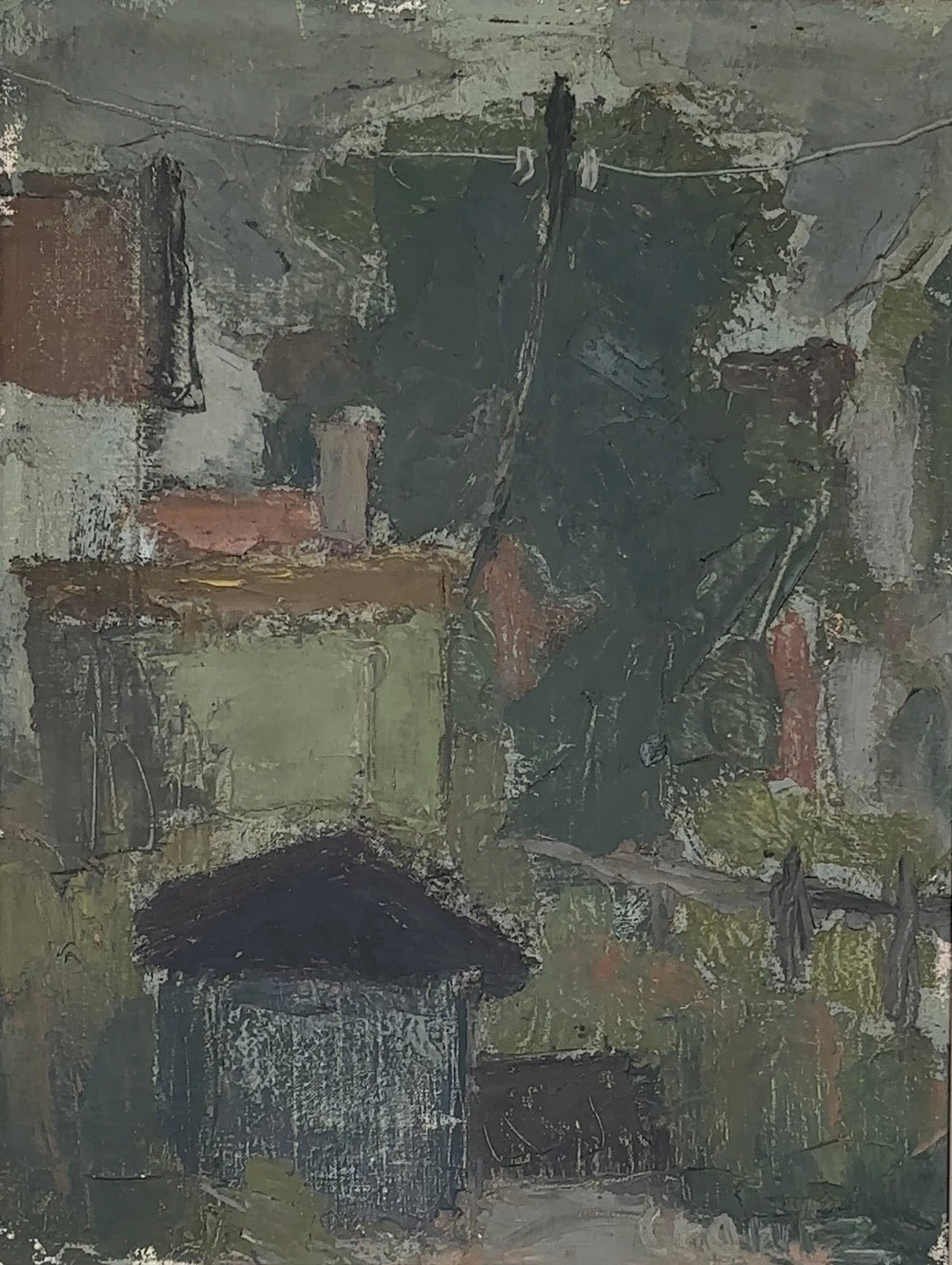 Houses Beneath the Tree, Mid-century Swedish Oil Painting by Bengt Crantz