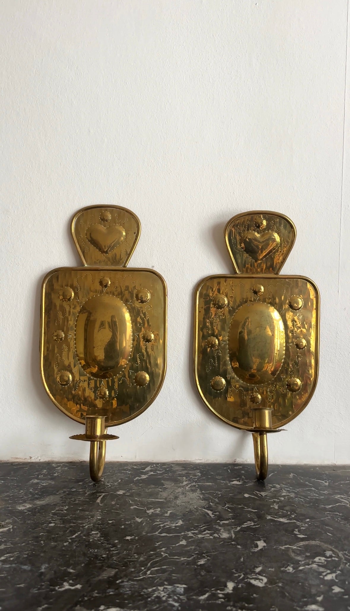 Vintage Swedish Brass Heart Sconces